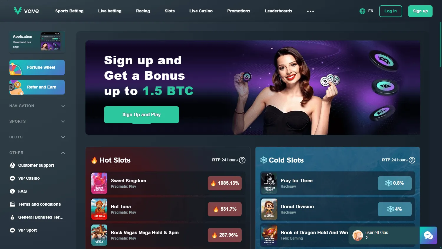 Vave Casino home interface on desktop