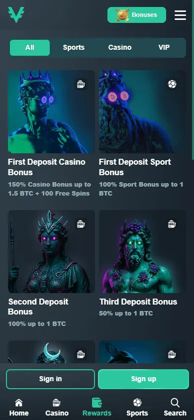 Vave Casino promotions interface on mobile
