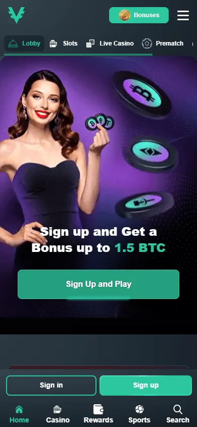 Vave Casino home interface on mobile